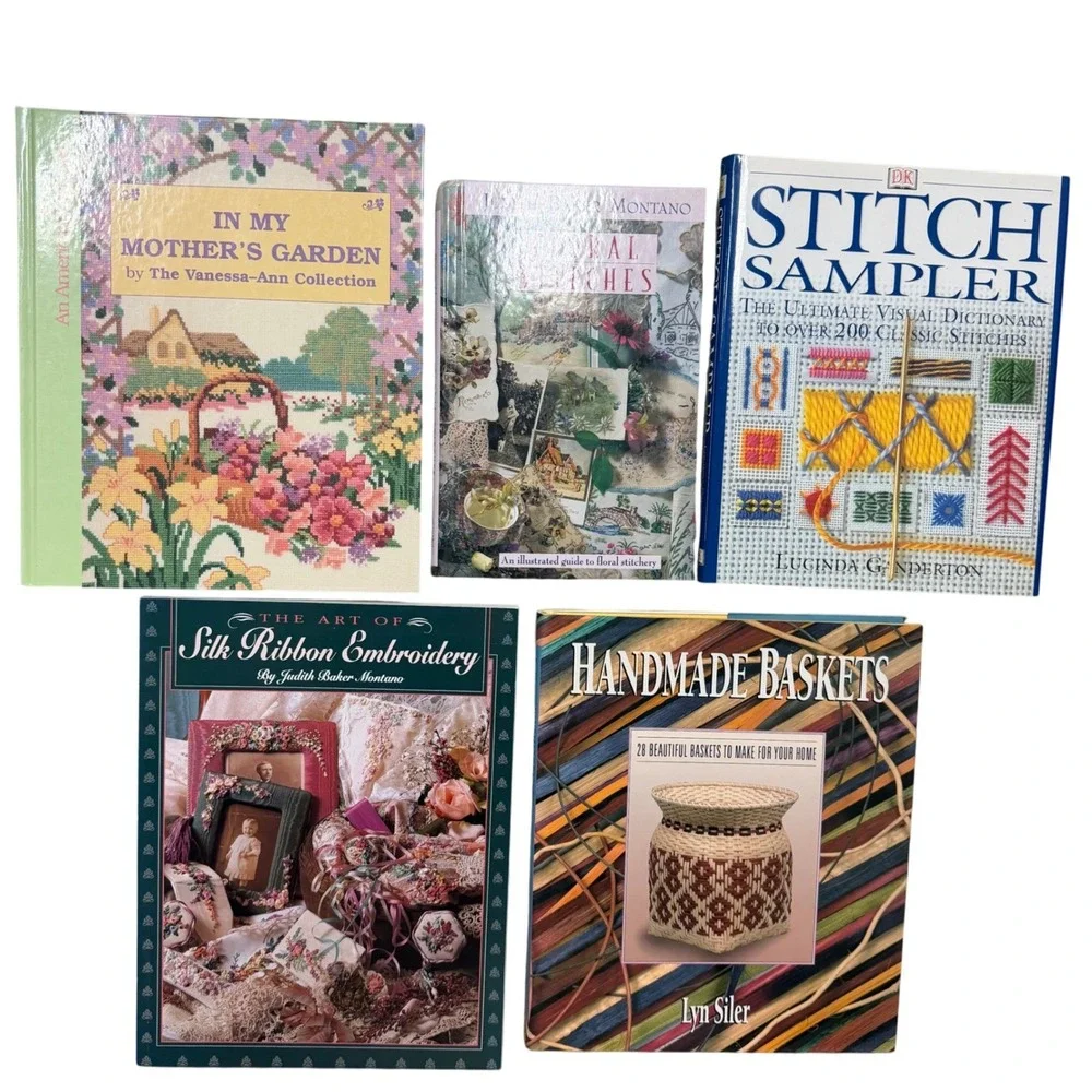 Lot of 5 Needlework Craft Books Silk‎ Ribbon Embroidery Stitch Sampler Basketry